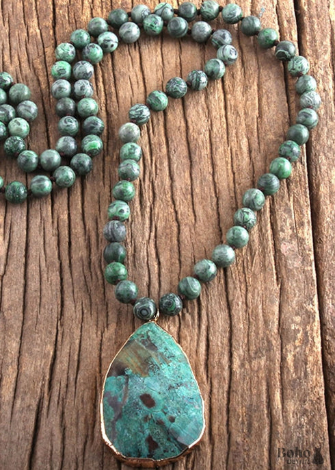 Boho Necklace, RH India Agated Blue and Green Natural Stone